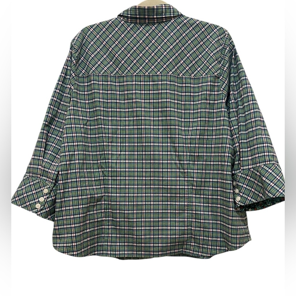 Talbots ladies 2X button up 3/4 sleeve checked green stretchy blouse - Picture 2 of 5